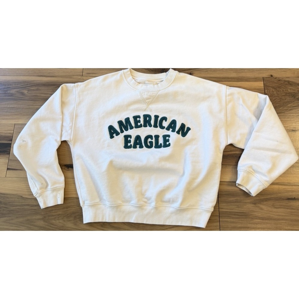 American Eagle Cream Sherpa Lined Green‎ Texture Logo Sweatshirt XS Cozy Lounge